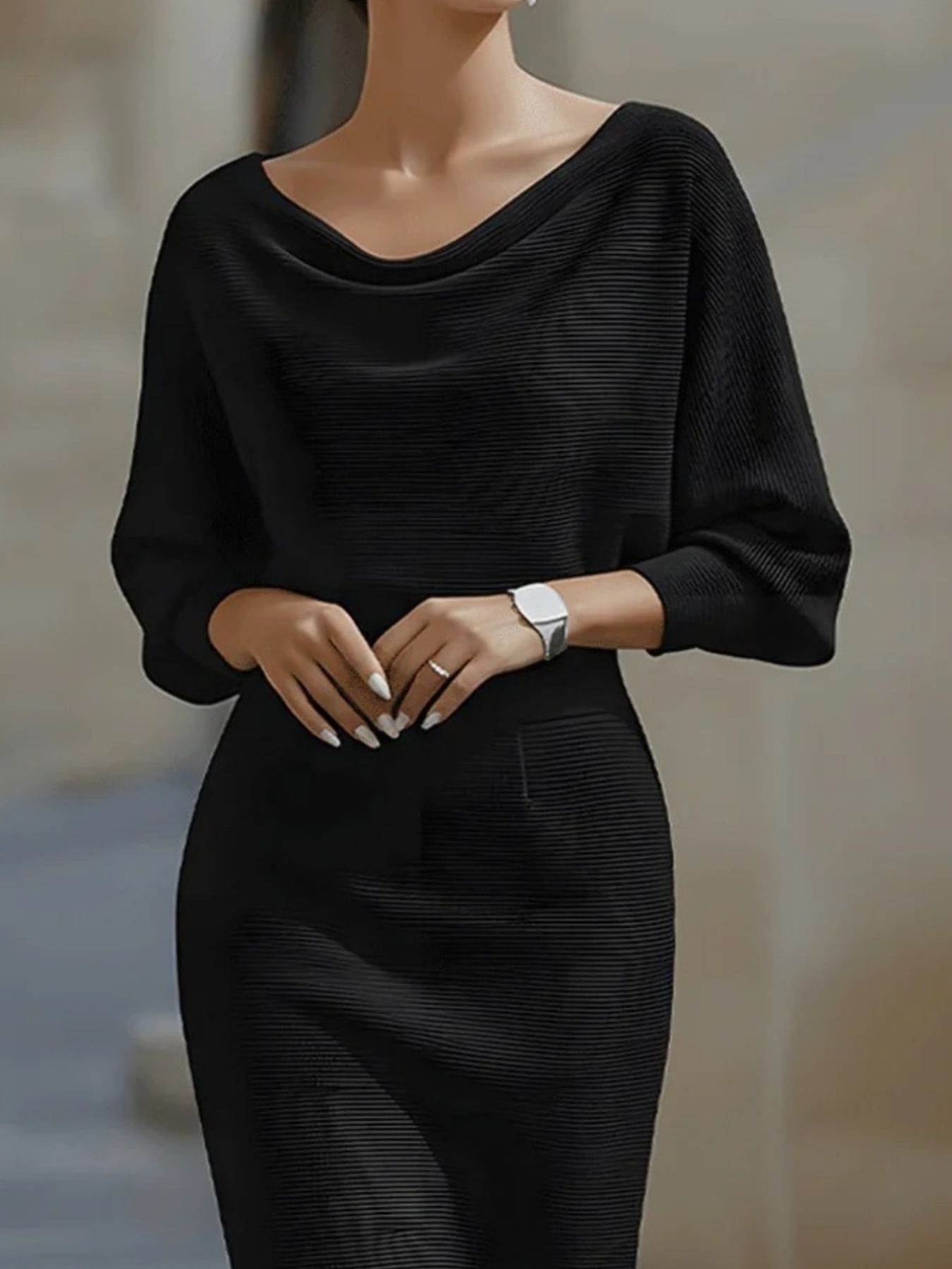 Shopiebay cowl neck knit bodycon dress, close-up of fitted dress with soft knit fabric and stylish cowl neckline.