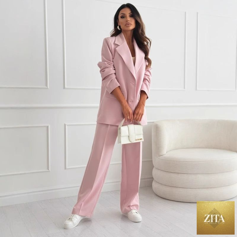 Women's FitiqueFit professional blazer and trousers suit set, long sleeve, full-length, tailored for a polished office look.