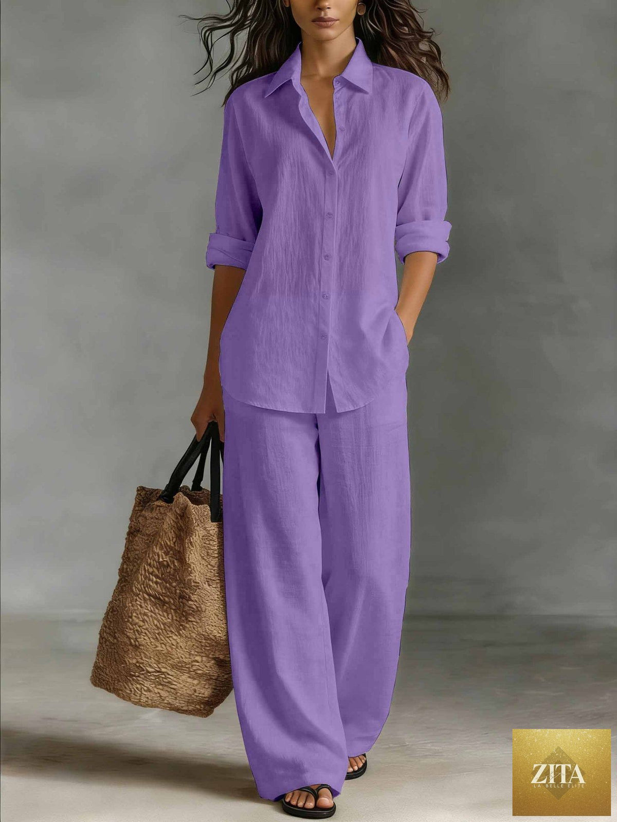 Women's Bohemian cotton-linen top and pants set by Zita La Belle Elite, casual resort lounge co-ord, relaxed and stylish.