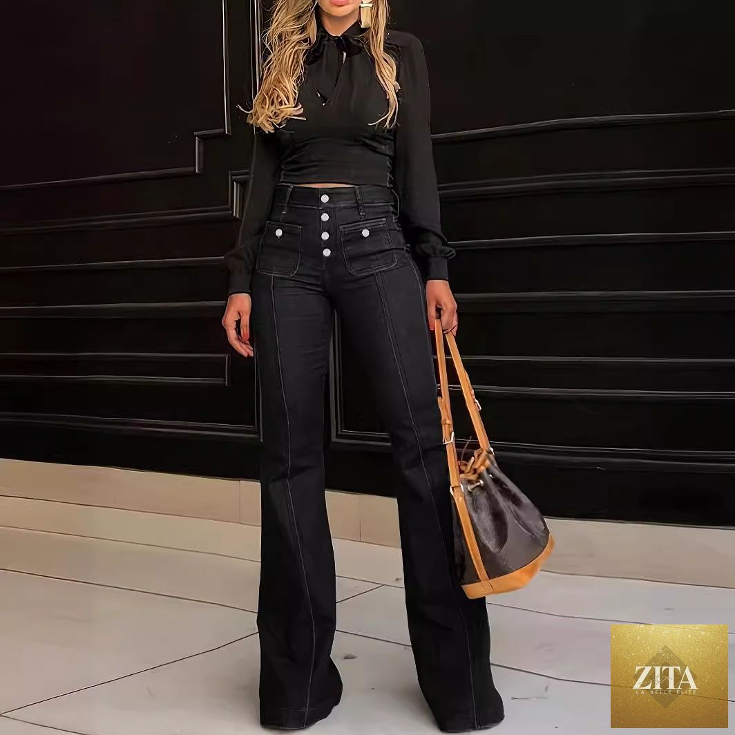 Women's patchwork slim fit flared jeans by Zita La Belle Elite, showing stretch fabric, patchwork design, and slim silhouette.