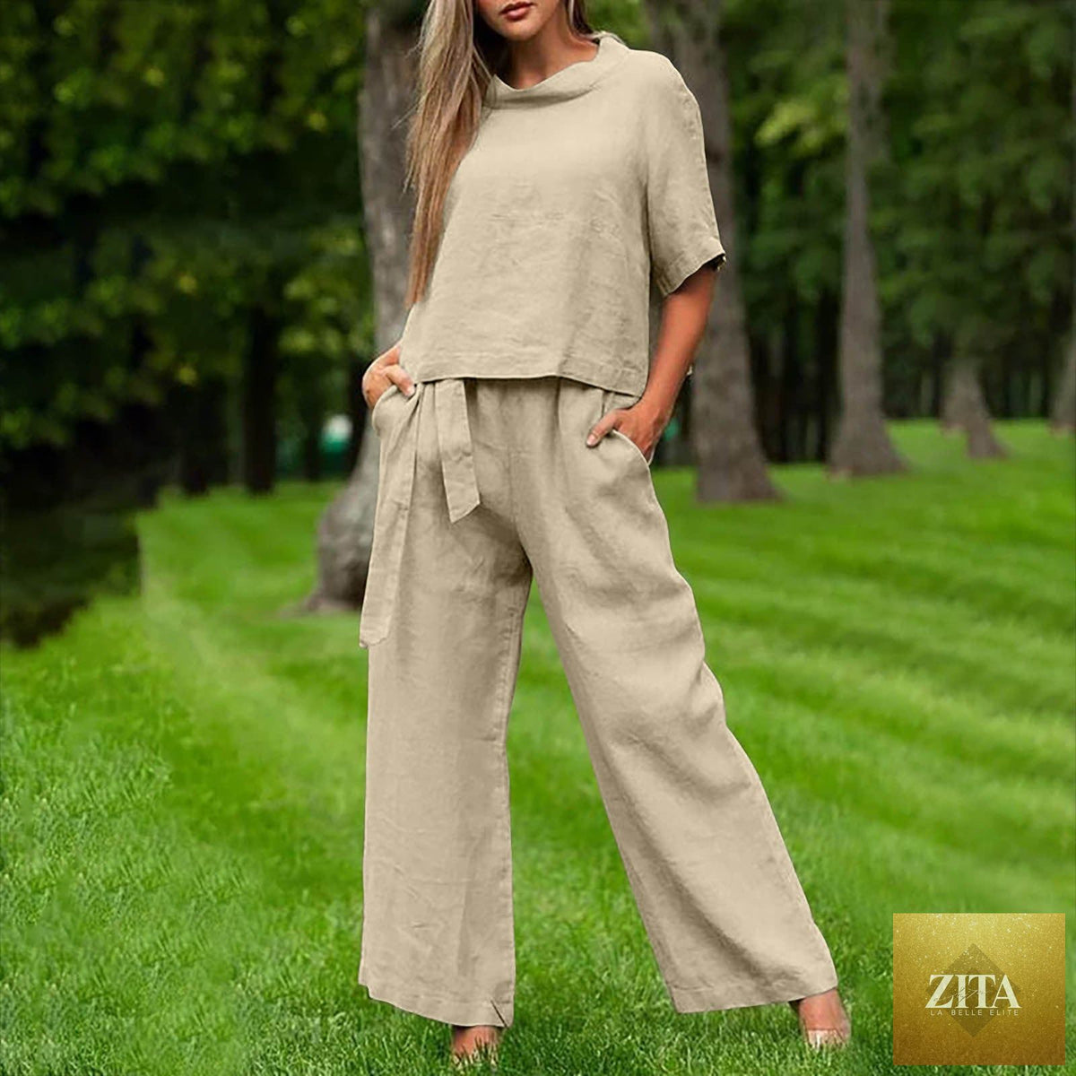 Zita La Belle Elite activewear two-piece set with round-neck 3/4 sleeve top and matching pants in various colors, size S to XXL.