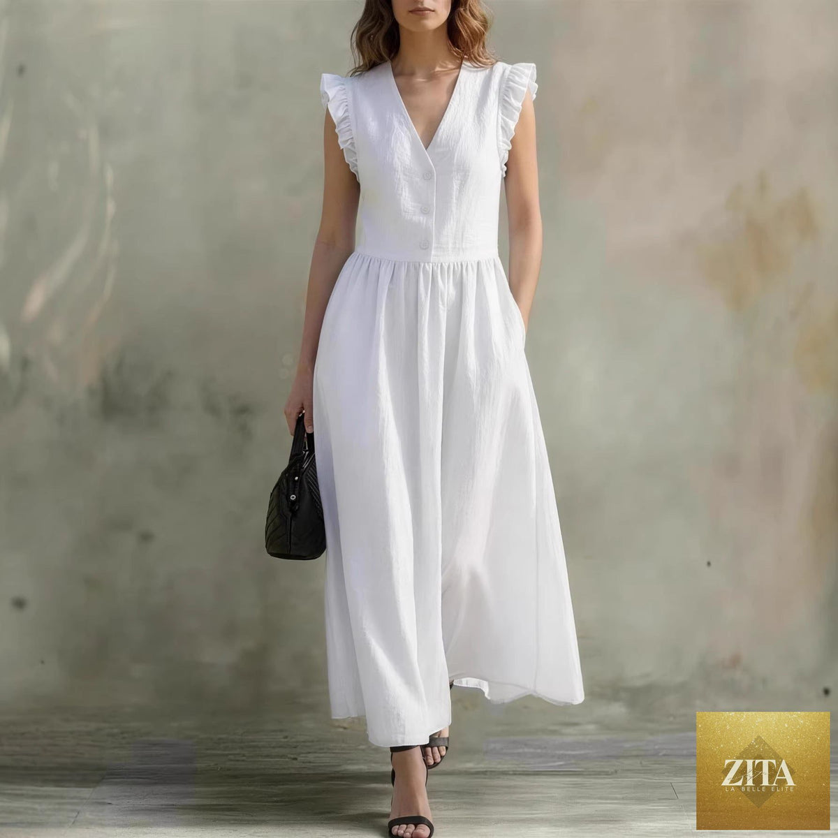 Zita La Belle Elite V-neck puff-sleeve casual dress in cotton linen with pockets, available in seven colors.