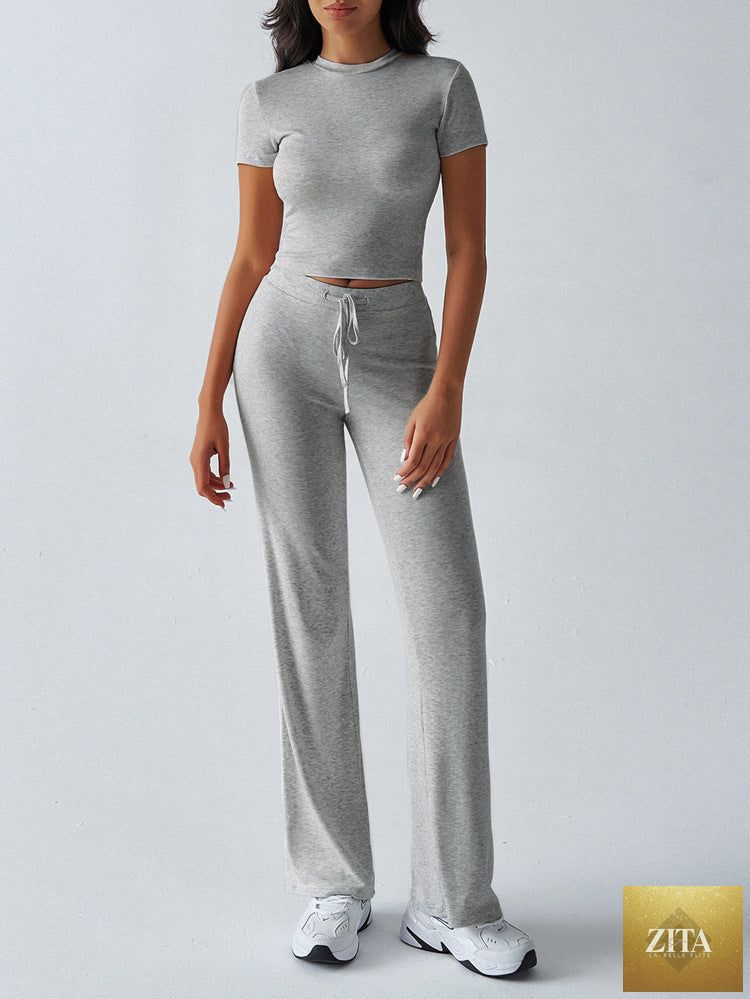 Zita La Belle Elite crew neck short sleeve top and full-length pants set in solid color, available in 10 colors.