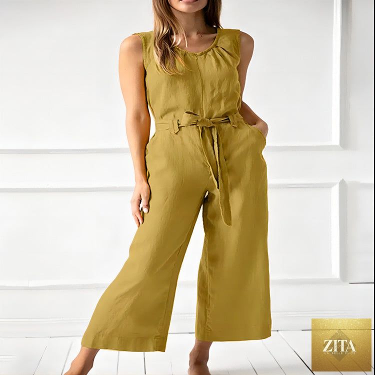 Women's solid-color mid-rise full-length cotton trousers by Zita La Belle Elite, casualwear, shown in a relaxed fit.