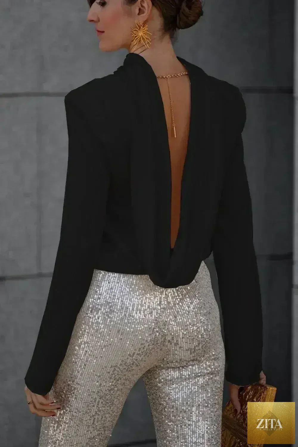 Femstylo women's backless cowl neck long sleeve blouse, stylish and elegant, shown in a flattering fit on a model.