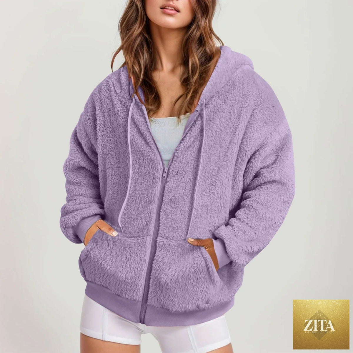Oversized Fit Long Zip-Up Hoodie by FitiqueFit in soft cotton velvet, featuring a front zipper and relaxed fit.