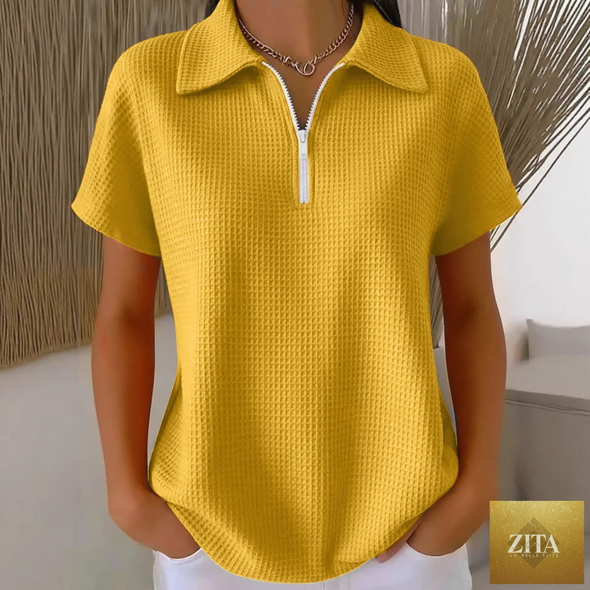 Zita La Belle Elite drop shoulder waffle knit half-zip top with 3/4 sleeves, casual pullover in soft textured fabric.