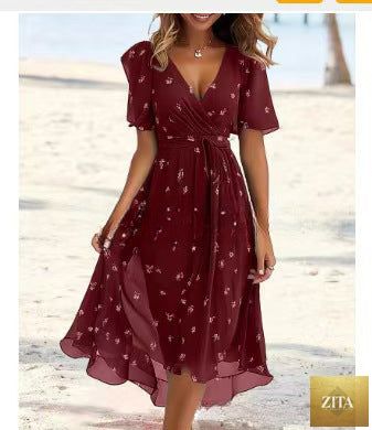 Floral print FitiqueFit A-line dress with V-neck, short sleeves, midi length, perfect for spring and summer occasions.