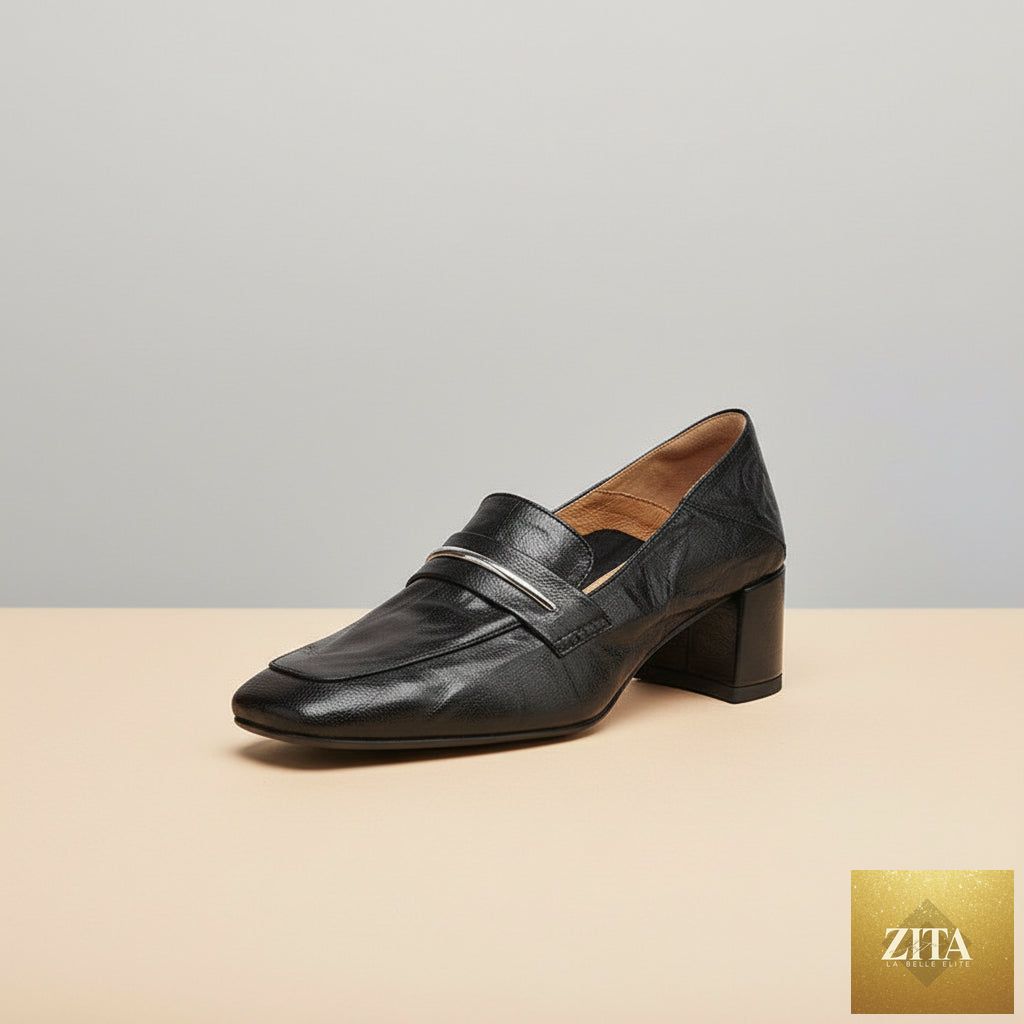 Women’s sheepskin square toe chunky heel pumps by FitiqueFit, featuring a soft sheepskin upper and stylish chunky heel for elegant comfort.