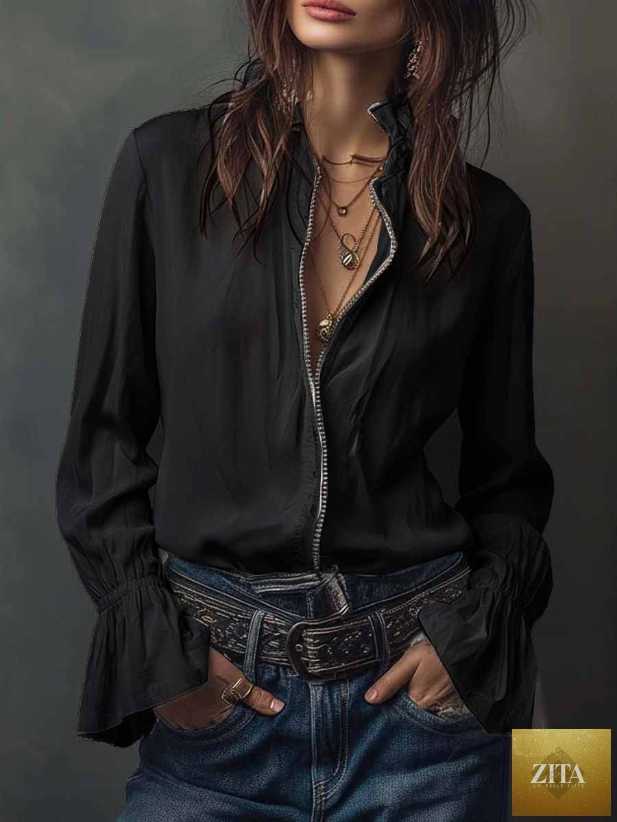 Women's FitiqueFit ruffled sleeve resort shirt, casual long blouse with stretch fabric and relaxed fit, perfect for summer wear.
