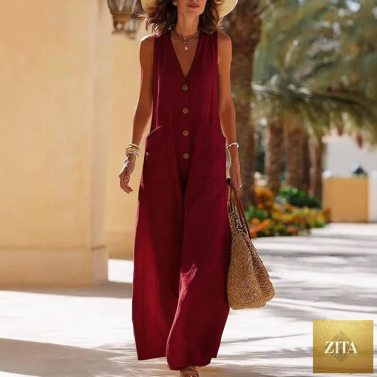Women's sleeveless cotton-linen wide-leg jumpsuit with button pockets, casualwear by FitiqueFit, shown on a model.