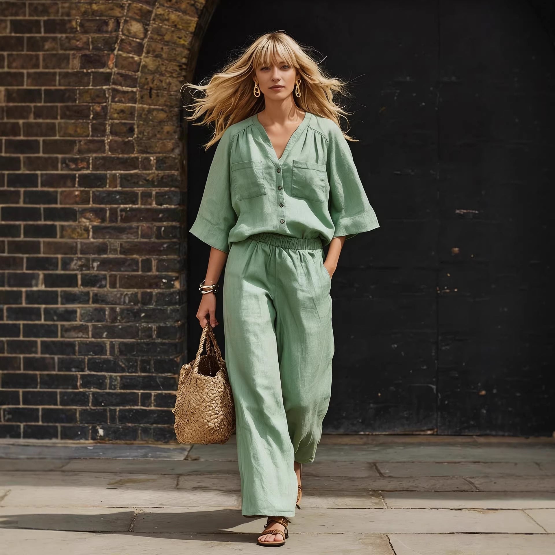 Women's Linen Button-Up Cardigan & Wide-Leg Pants Set – 2-Piece Outfit