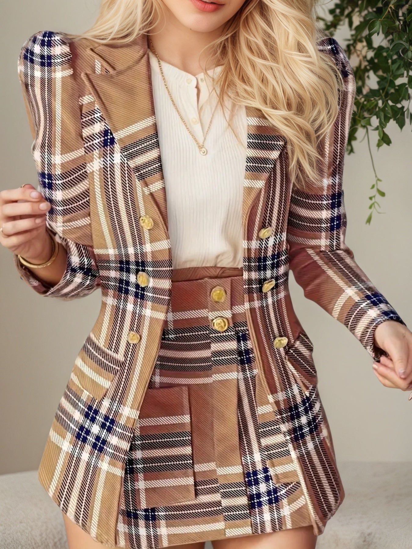 Women’s plaid skirt suit set by FitiqueFit featuring an elegant, casualwear ensemble with a fitted blazer and matching pleated skirt.