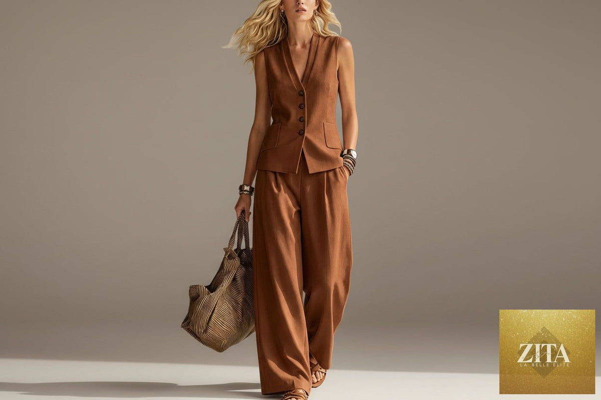 Zita La Belle Elite women's solid linen sleeveless tank top and full-length pants casualwear set, lightweight and stylish.