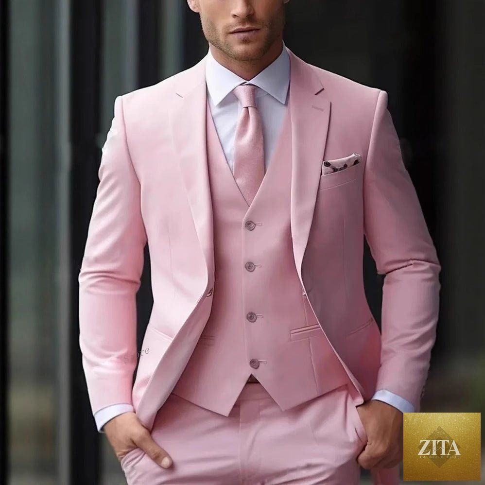 Mens slim-fit light luxury suit by MANDOTOS, tailored fit with sleek fabric, displayed on a hanger.