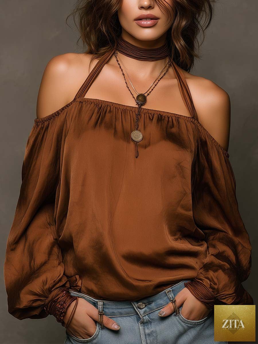 Women's satin halter neck blouse by FitiqueFit featuring long sleeves and shoulder-baring design in five colors.