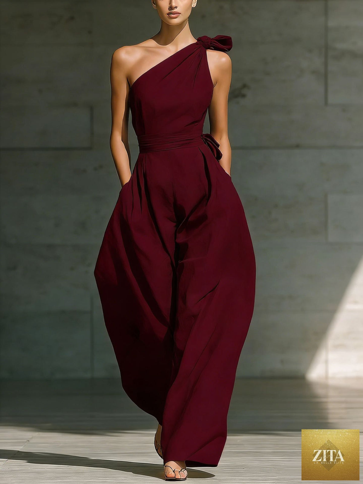 Women's sleeveless halter neck jumpsuit by Zita La Belle Elite, cinched waist, slim fit in six colors, available in sizes S to 2XL.