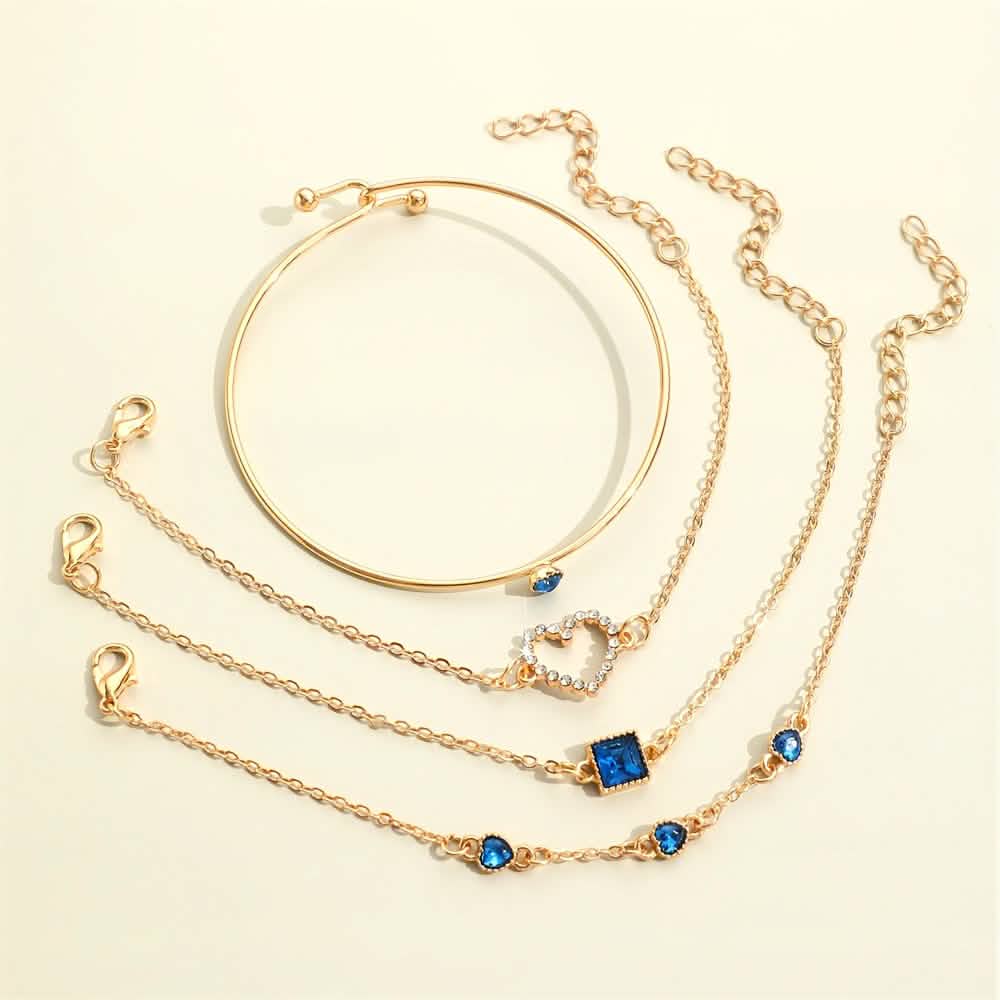 Set of four rhinestone alloy bracelets featuring minimalist heart and square designs, stylish jewelry for women.
