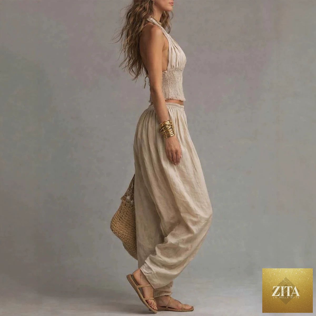 Zita La Belle Elite women's sleeveless backless halter top and wide-leg pants set, featuring a stylish and elegant design.