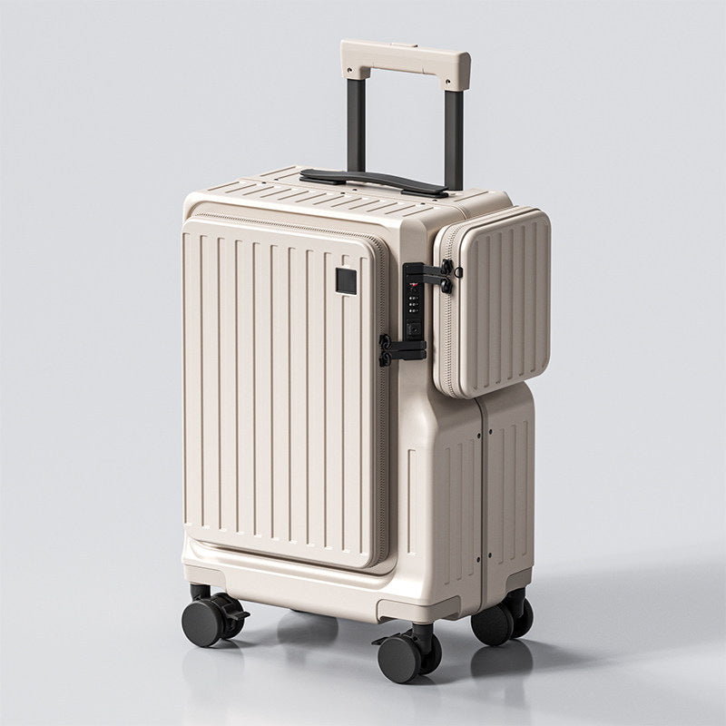 Social Buzz eSIMs front-opening 20-inch carry-on suitcase with sleek design and secure zipper closure for travel convenience.