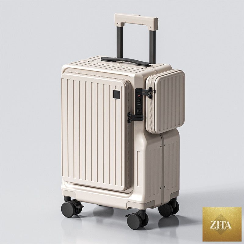 Social Buzz eSIMs front-opening 20-inch carry-on suitcase with sleek design and secure zipper closure for travel convenience.