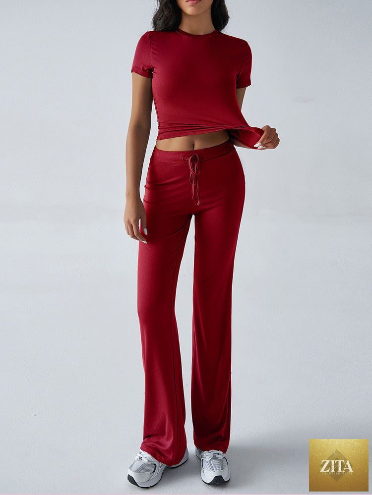 Zita La Belle Elite crew neck short sleeve top and full-length pants set in solid color, available in 10 vibrant shades.