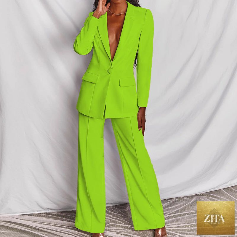 Women's FitiqueFit professional blazer and trousers suit set with long sleeves, full-length pants, tailored for a polished office look.