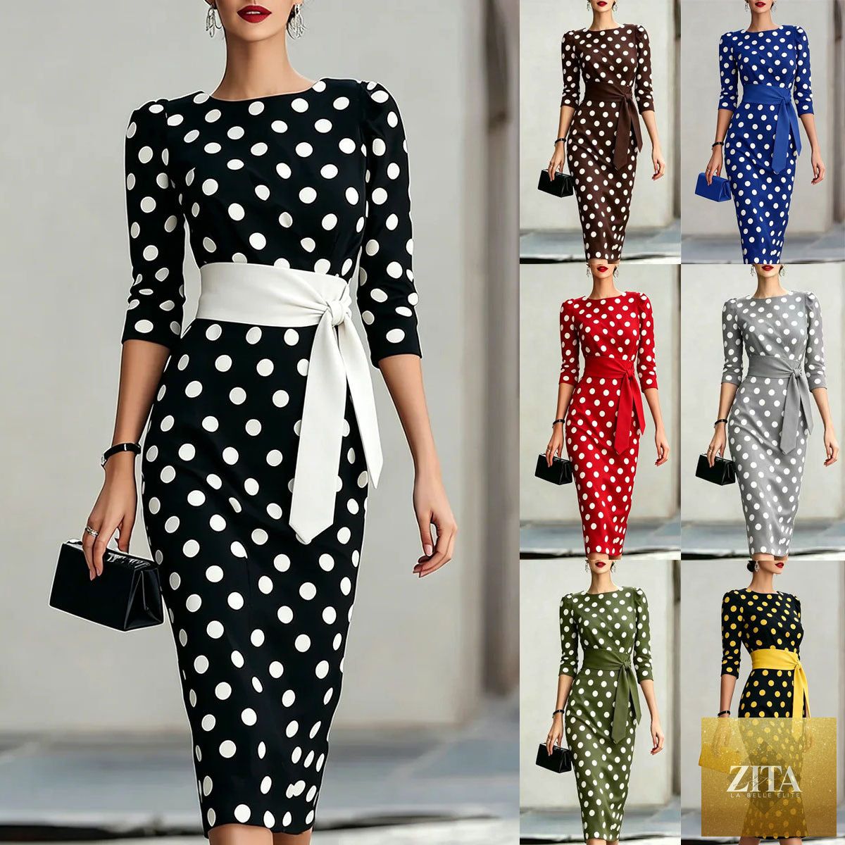 Women's retro polka-dot bodycon midi dress with belt and cross-tie detail, by Zita La Belle Elite, perfect casualwear style.