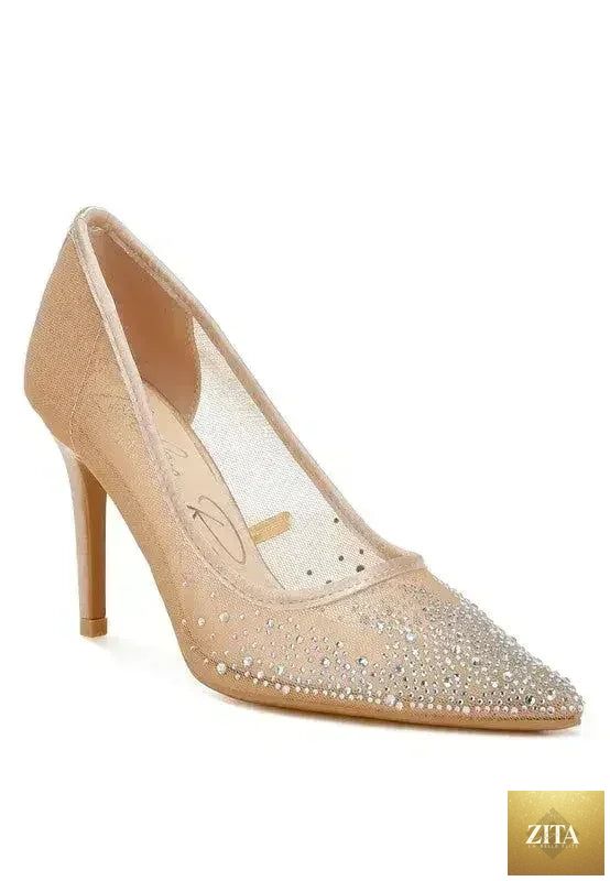 Zita La Belle Elite high ball mesh rhinestone stiletto pumps with pointed toes and shimmering embellishments.