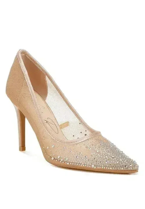 Femstylo high ball mesh rhinestone stiletto pumps showing elegant pointed heels with rhinestone embellishments and mesh details.
