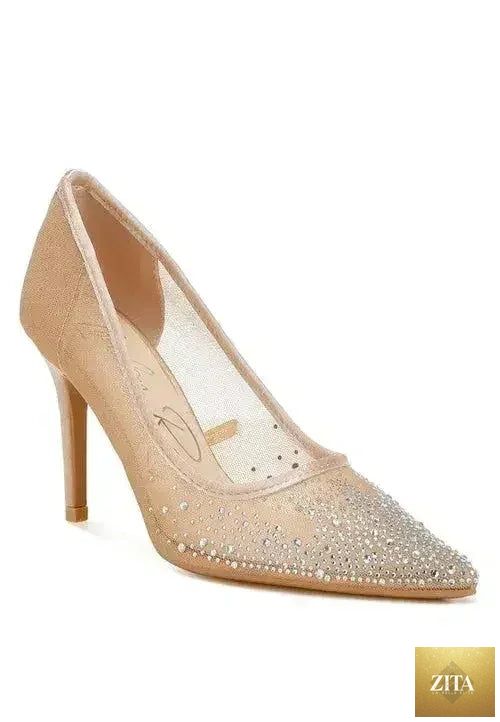 Zita La Belle Elite high ball mesh rhinestone stiletto pumps with open toe and slim heel, showcasing sparkling rhinestone details.