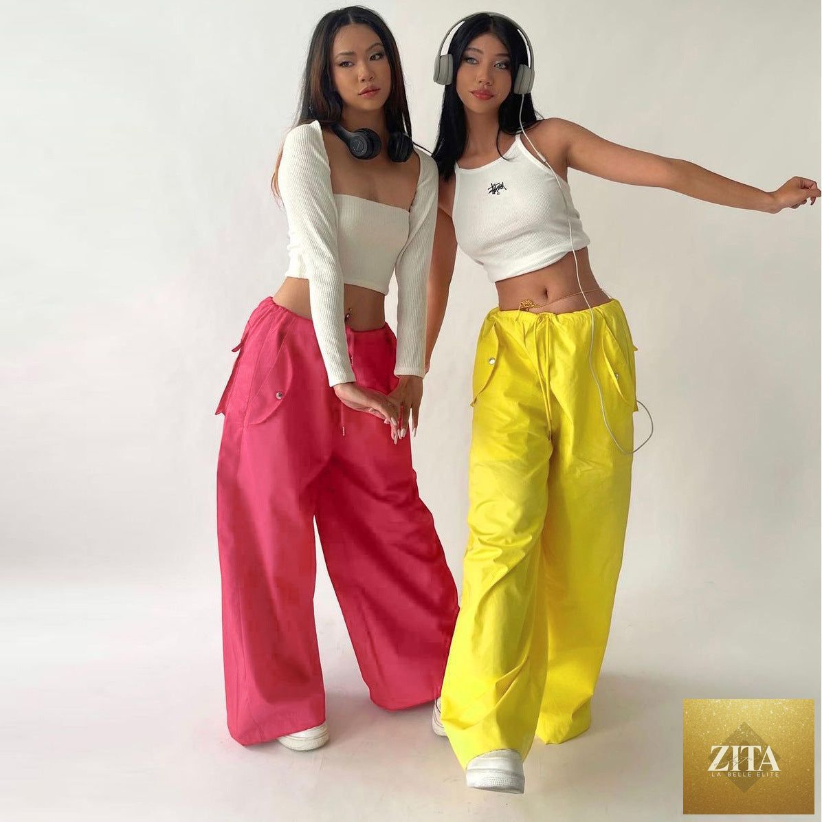Women's high-waist lace-up cargo pants from Zita La Belle Elite, loose fit straight-leg casual trousers with lace-up front.