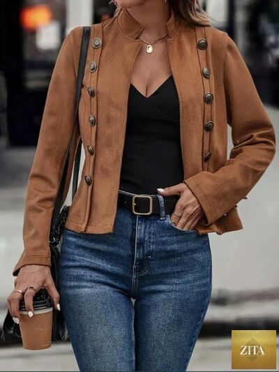 Zita La Belle Elite decorative button open front long sleeve women's jacket, elegant casual outerwear with a stylish design.