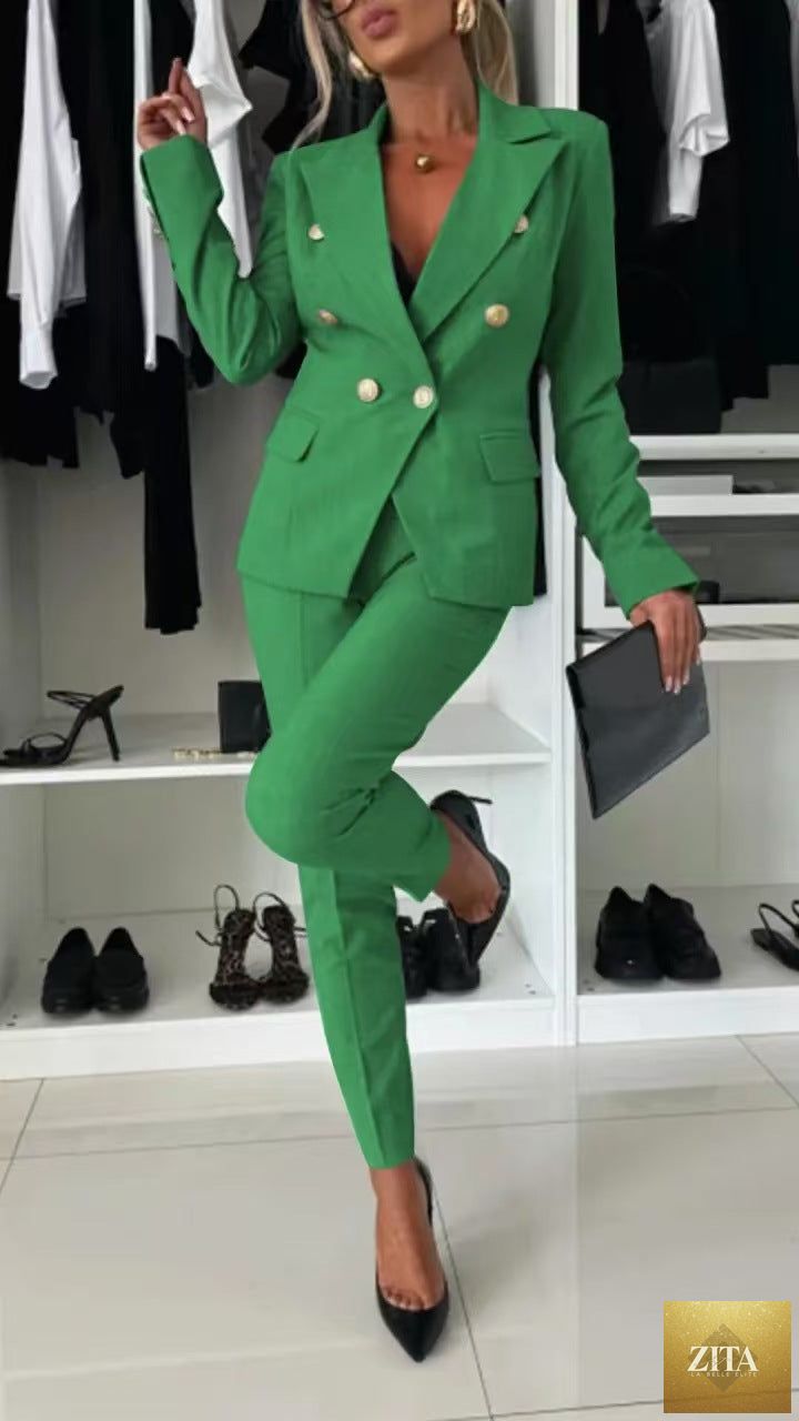 FitiqueFit double-breasted lapel blazer and zip-up trousers two-piece suit, stylish and tailored for a modern look.