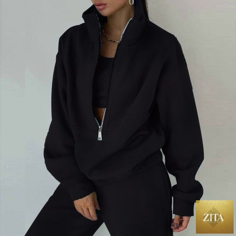Women's full-zip cropped sweatshirt and wide-leg fleece pants two-piece set by MERIDGE, shown in beige with relaxed fit.