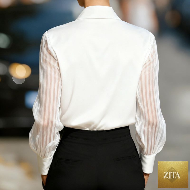 Women’s satin lapel collar blouse by FitiqueFit, sheer long sleeve button-down shirt ideal for office and spring/autumn casual wear.
