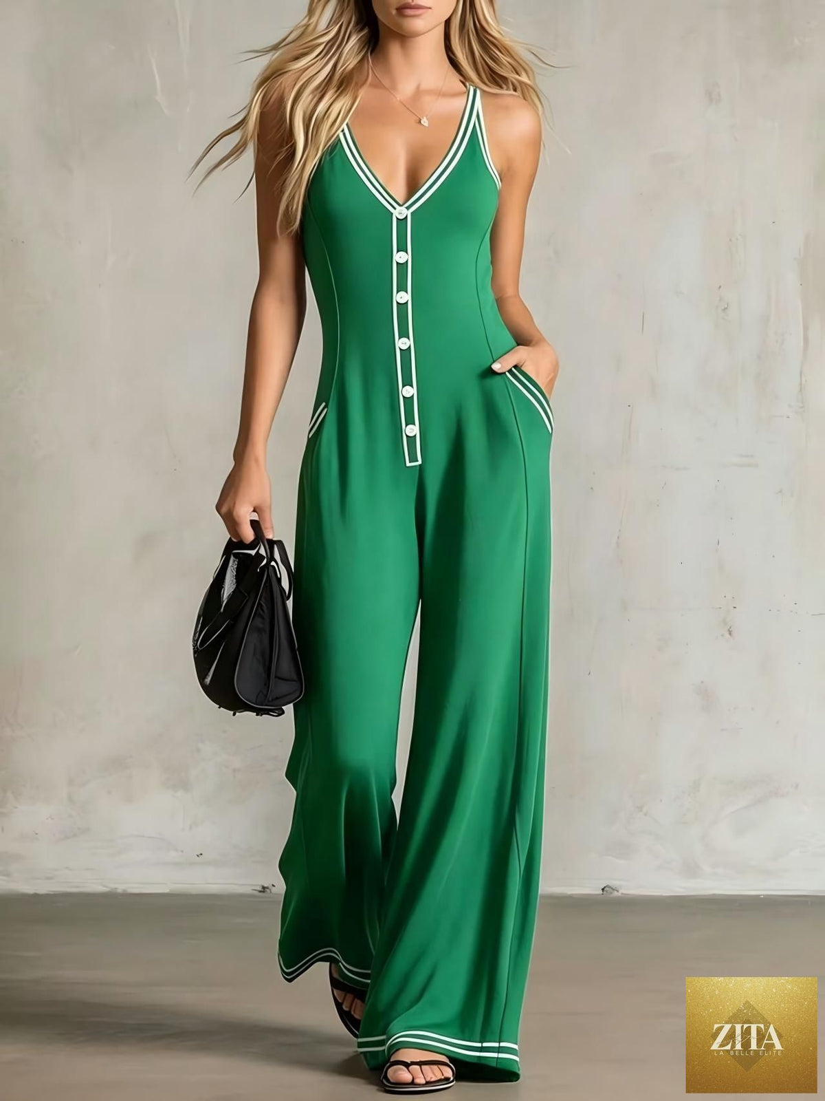 Zita La Belle Elite women's V-neck backless wide-leg casual jumpsuit with high waist, lightweight fabric, and relaxed fit.