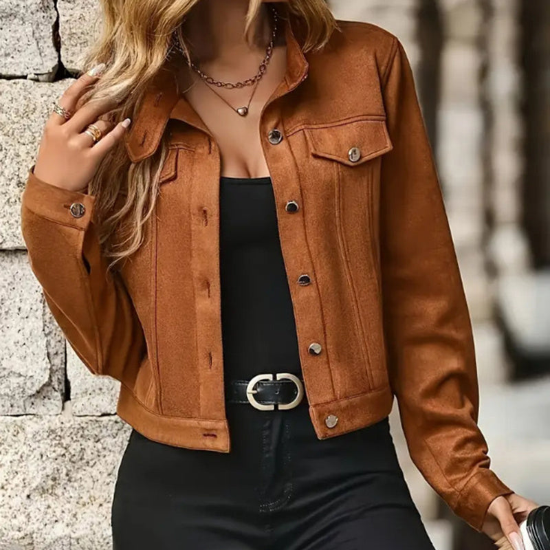 FitiqueFit faux suede cropped jacket with stand collar, vintage short coat for fall, stylish fall outerwear, lightweight and trendy.