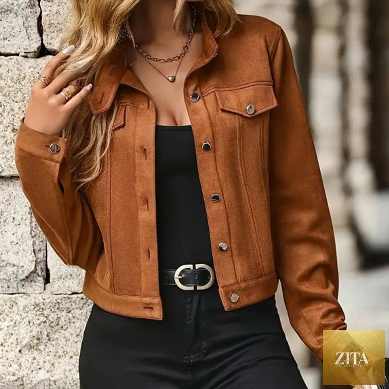 FitiqueFit faux suede cropped jacket with stand collar, vintage short coat for fall, stylish fall outerwear, lightweight and trendy.
