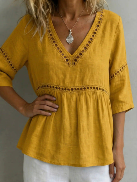 Women's V-neck hollow-out fringe cotton-linen casual top by FitiqueFit, featuring a stylish V-neck and textured fringe detailing.