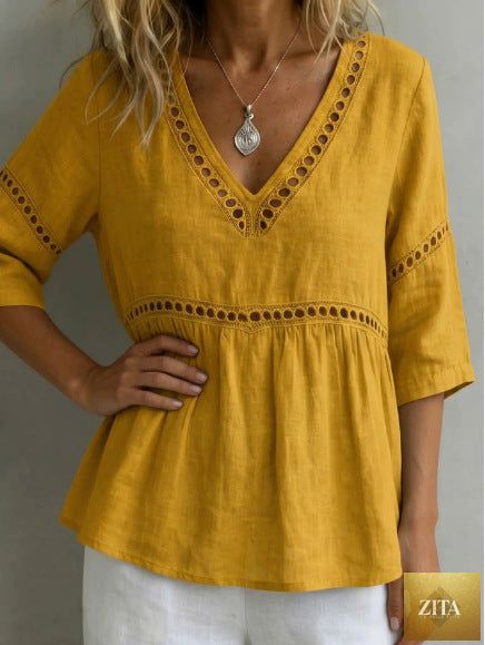 Women's V-neck hollow-out fringe cotton-linen top by Zita La Belle Elite, casualwear with stylish cutouts and fringe details.