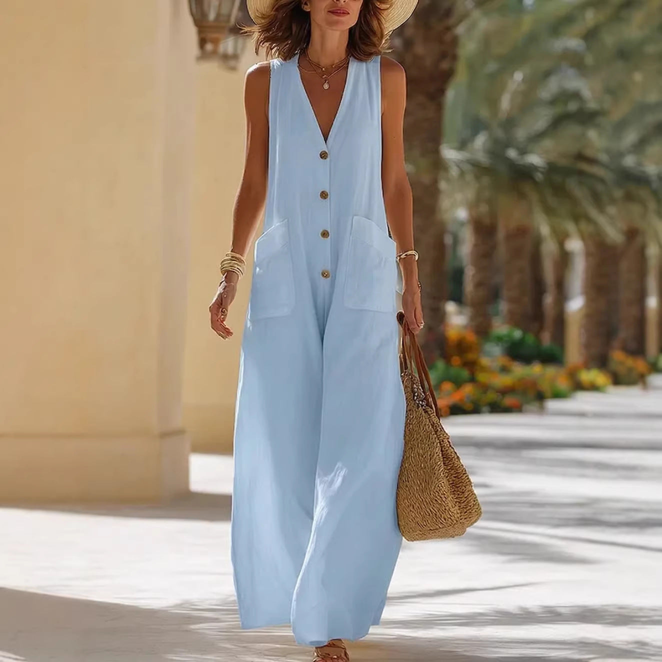 Women's sleeveless cotton-linen wide-leg jumpsuit with button pockets, casualwear by FitiqueFit, shown on a model.