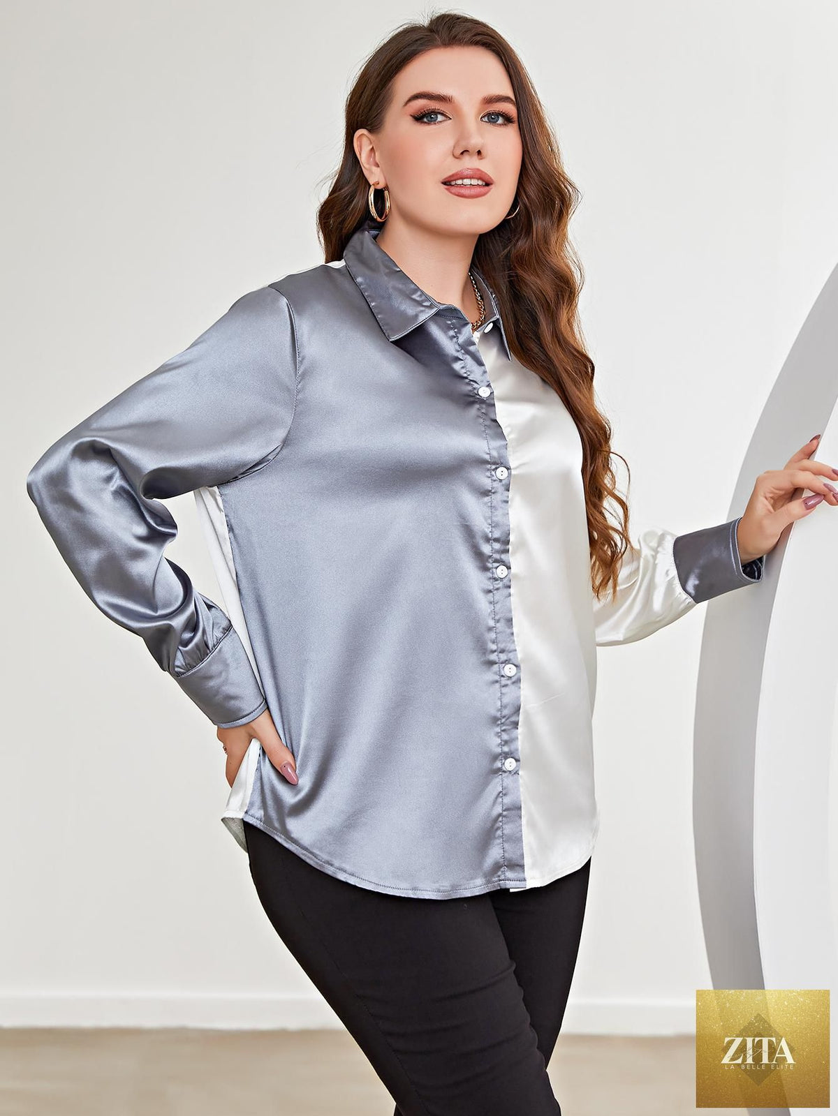 Plus size two-tone long sleeve shirt by Zita La Belle Elite, featuring contrasting colors and a comfortable fit.