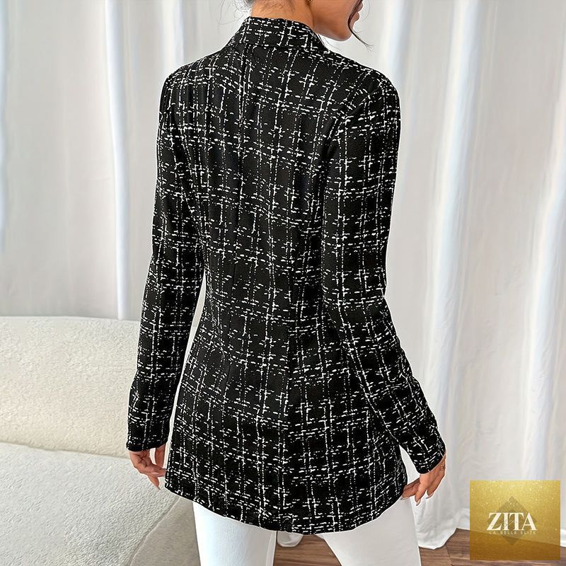 Women’s plaid double-breasted blazer by FitiqueFit featuring a tailored fit and classic pattern, displayed on a hanger.