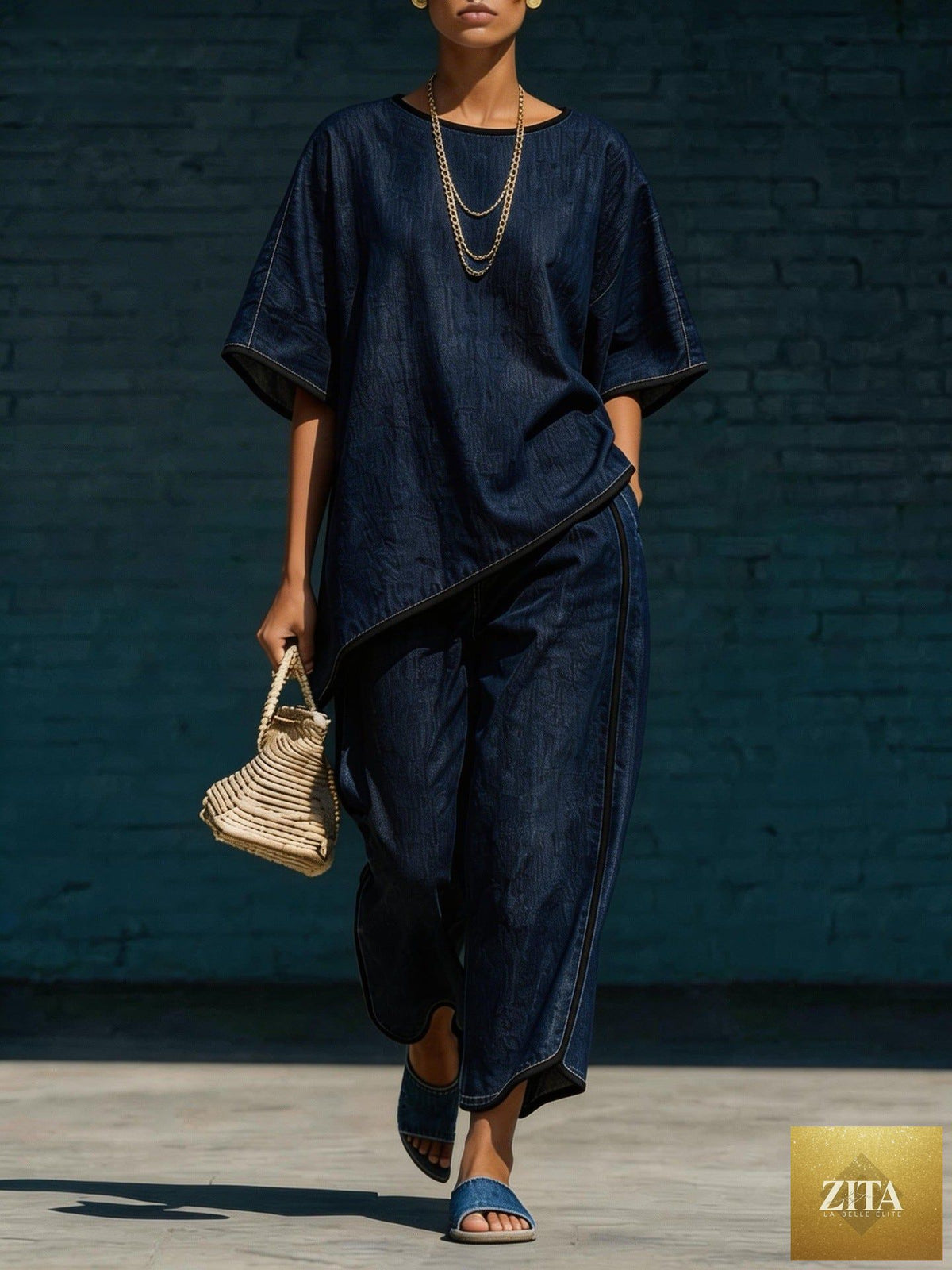 Women’s denim-style knit top and wide-leg pants set in casualwear, featuring a relaxed fit and stylish design by Zita La Belle Elite.