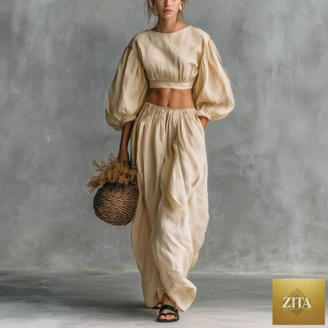 Zita La Belle Elite women's casual two-piece set with puff sleeves, crew neck, and pockets, perfect for comfortable everyday wear.