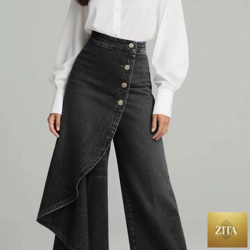 Women's washed denim skort with button closure, casualwear by FitiqueFit, featuring a denim fabric and front button detail.
