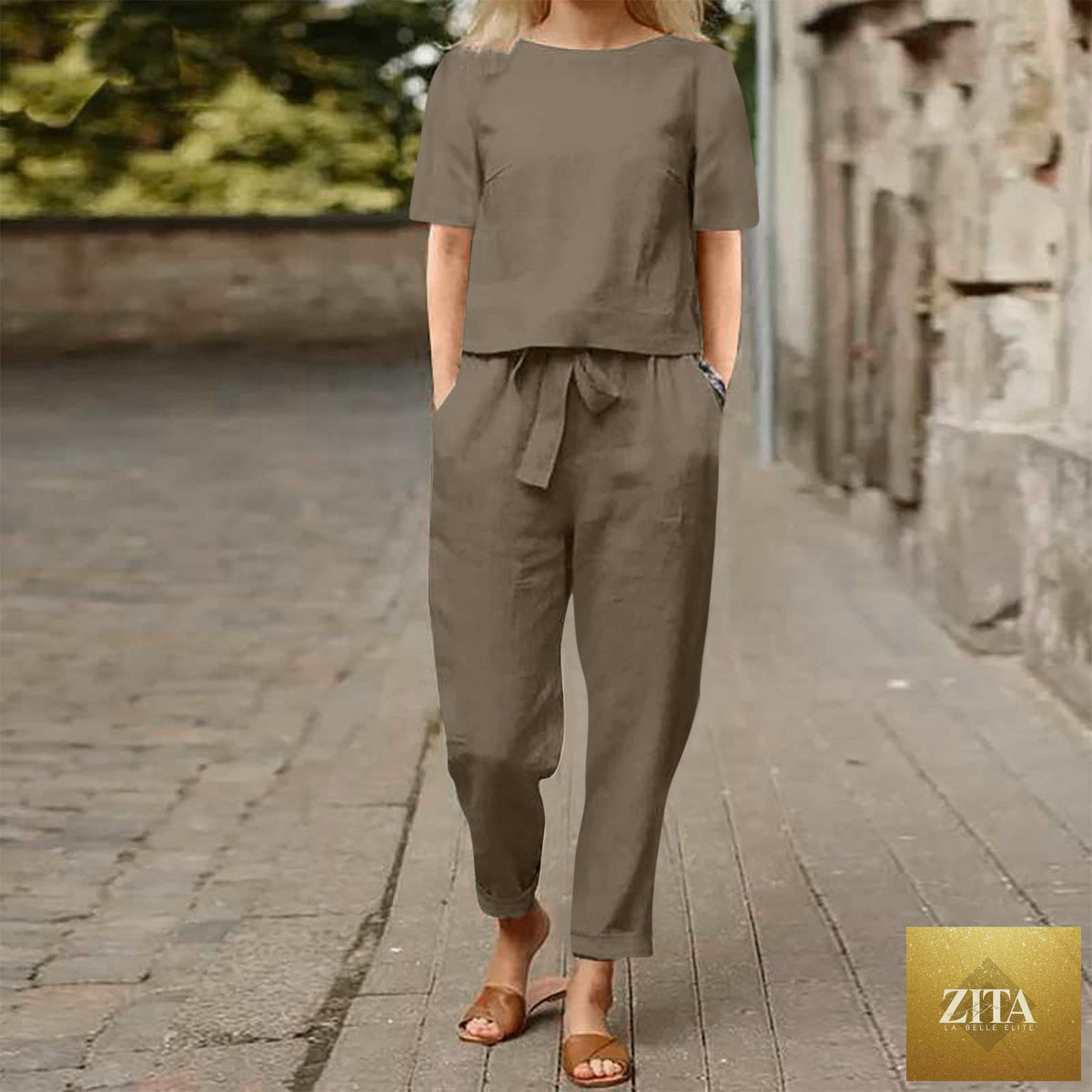 Zita La Belle Elite wide-leg pants two-piece set in solid color, casual lounge suit with relaxed fit and comfortable fabric.
