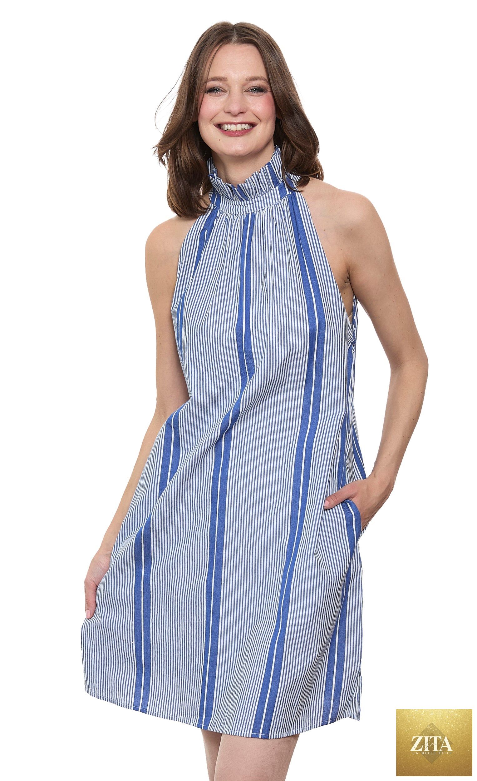 Gulf Coast Halter Dress Blue White Yarndyed Stripe