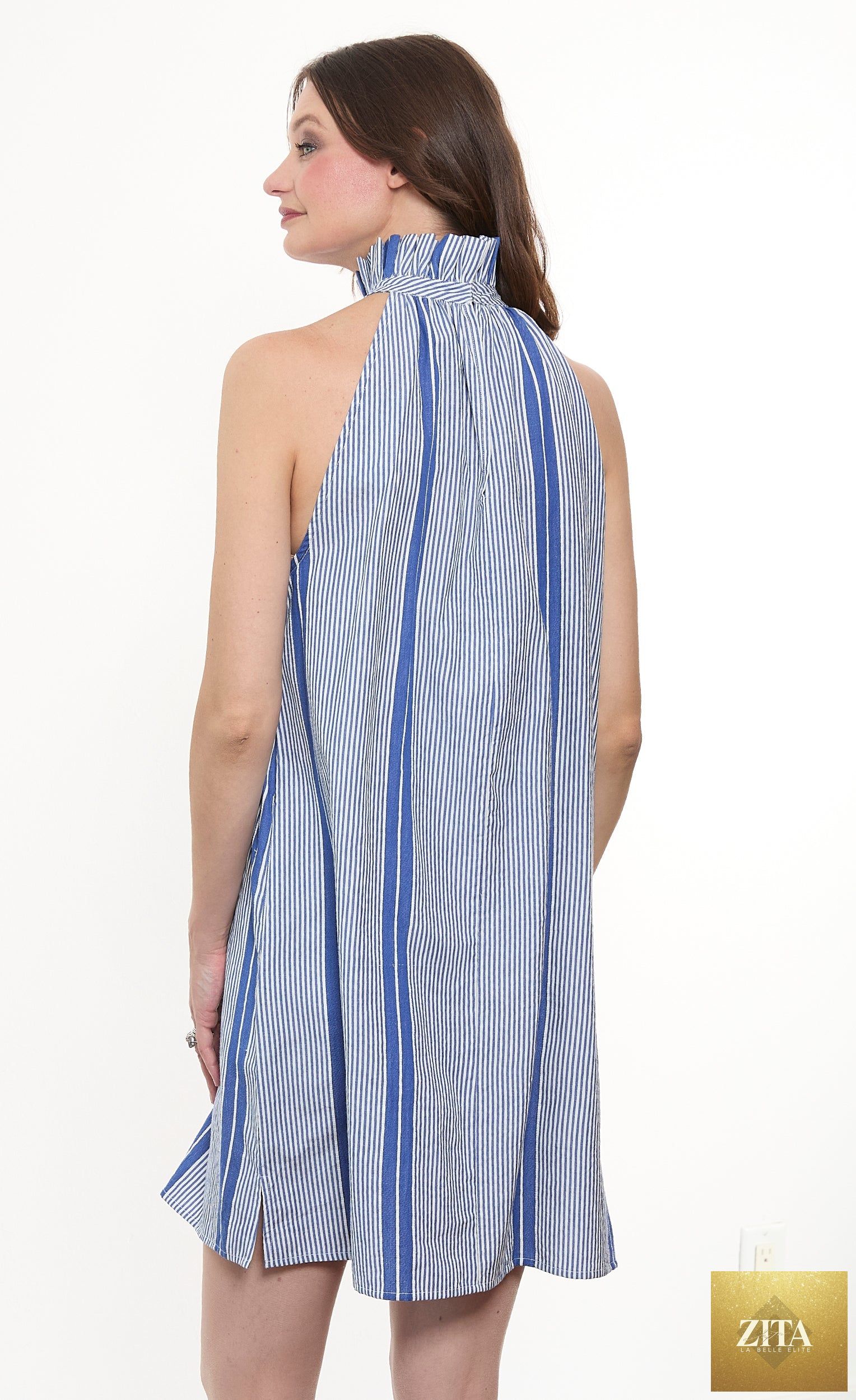 Gulf Coast Halter Dress Blue White Yarndyed Stripe